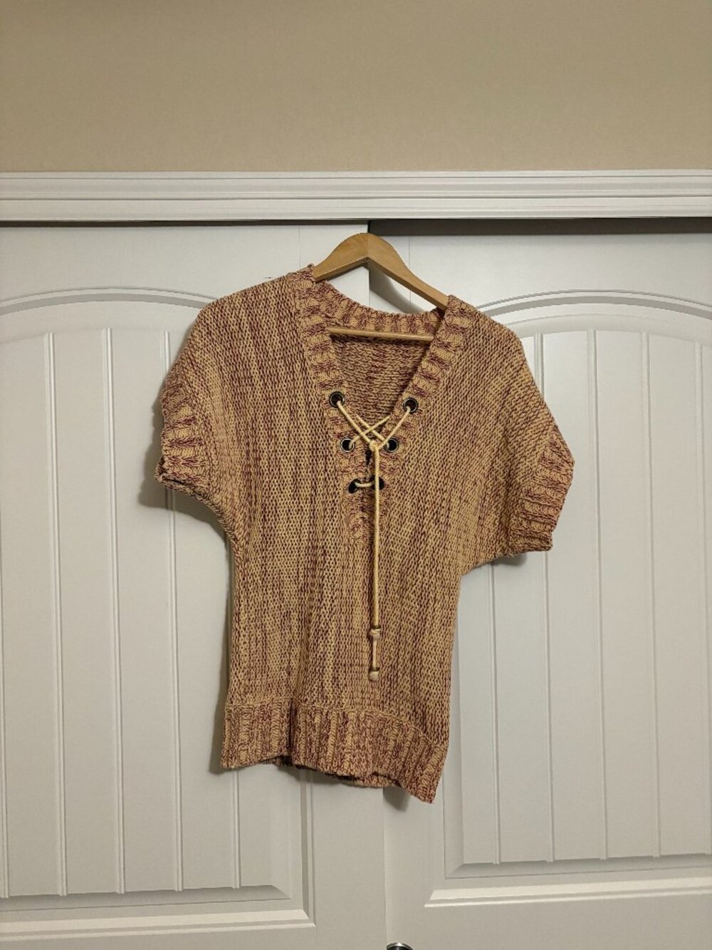 Free People Lace Up V Neck Sweater Small Short Sleeve Pink Tan Cotton Blend